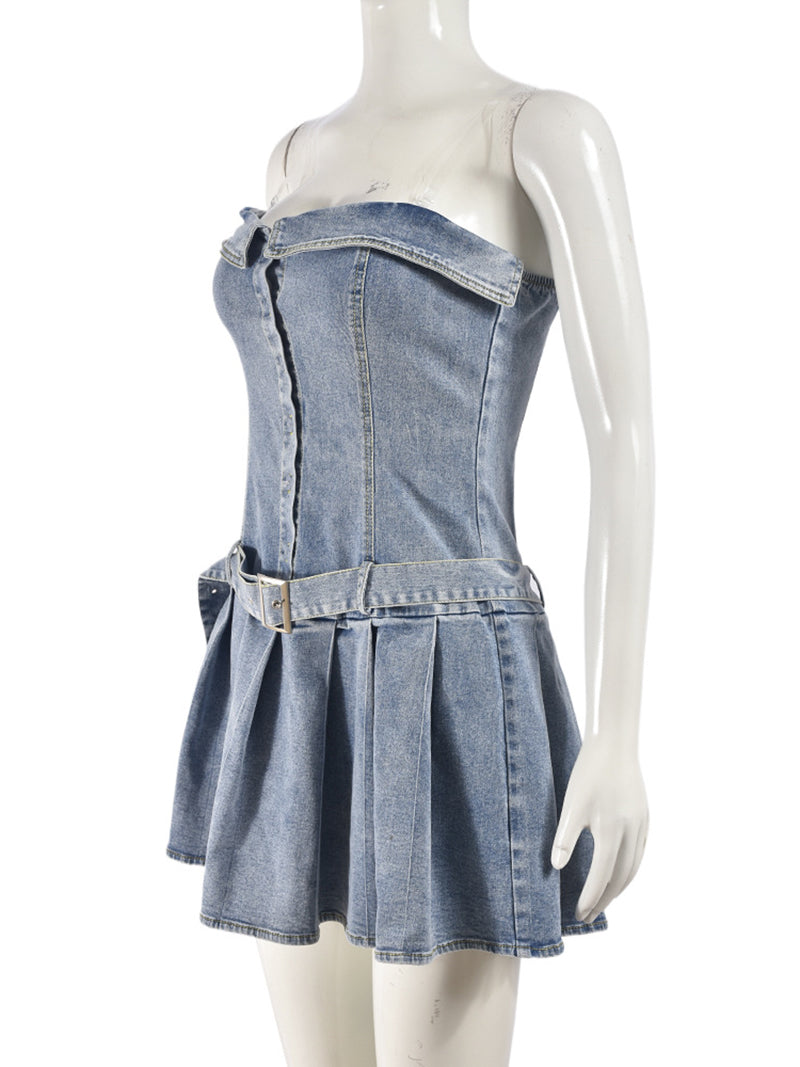 Pleated Belt Strapless Denim Mini Dress