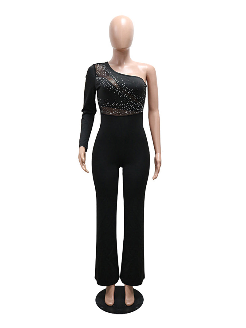 One Shoulder Rhinestones Patchwork Mesh Flare Jumpsuit
