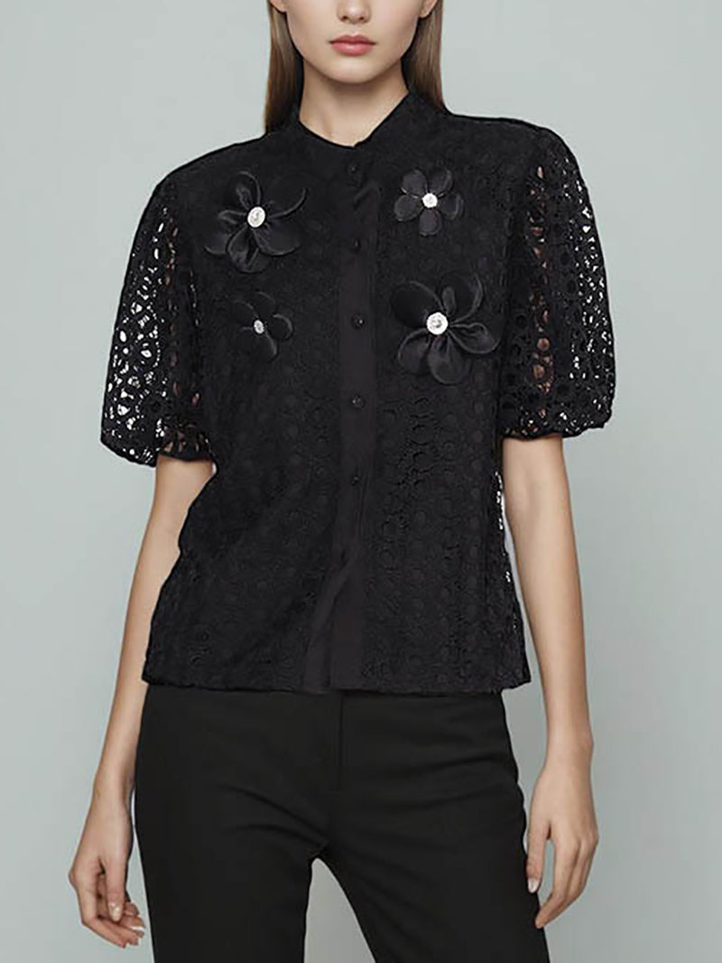 Elegant Floral Embellishment Hollow Blouse