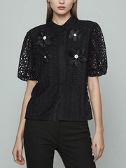 Elegant Floral Embellishment Hollow Blouse