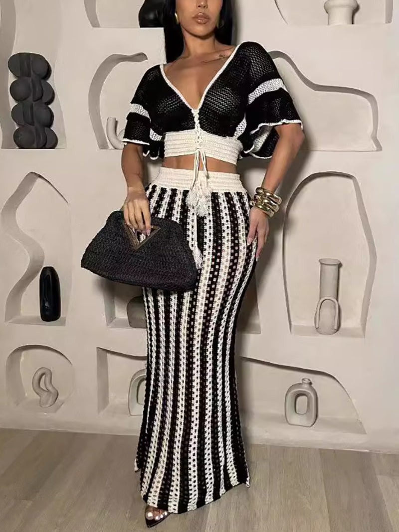 V Neck Butterfly Sleeve Crop Top and Maxi Skirt Set