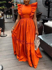 Ruffled Sleeveless A-Line Maxi Shirred Dress