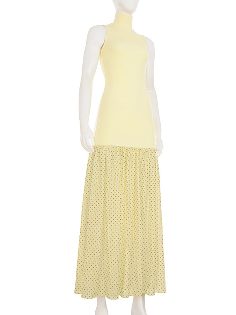 High Collar Sleeveless Sheer Mesh Patchwork Maxi Dress