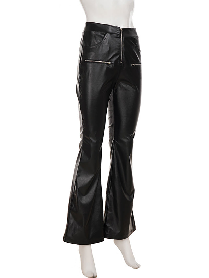 Fashion PU Leather High Waist Elastic Flared Pants