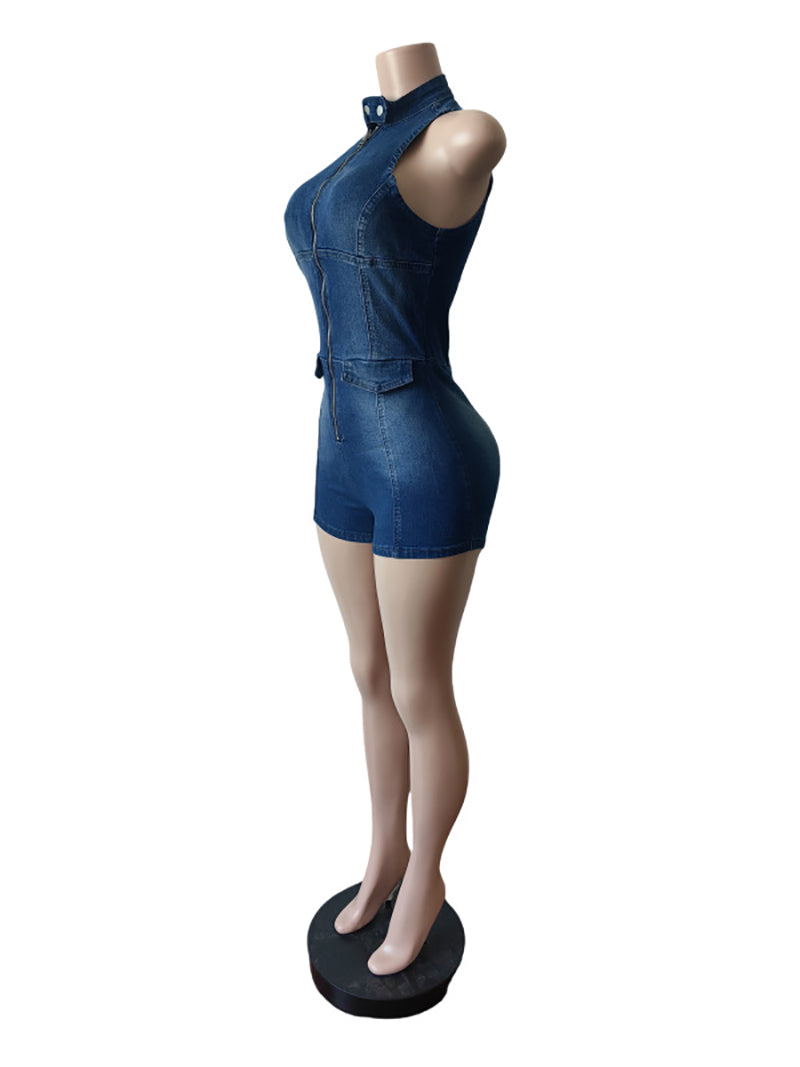 Sexy Sleeveless Elasticity Denim Zipper Vest Romper