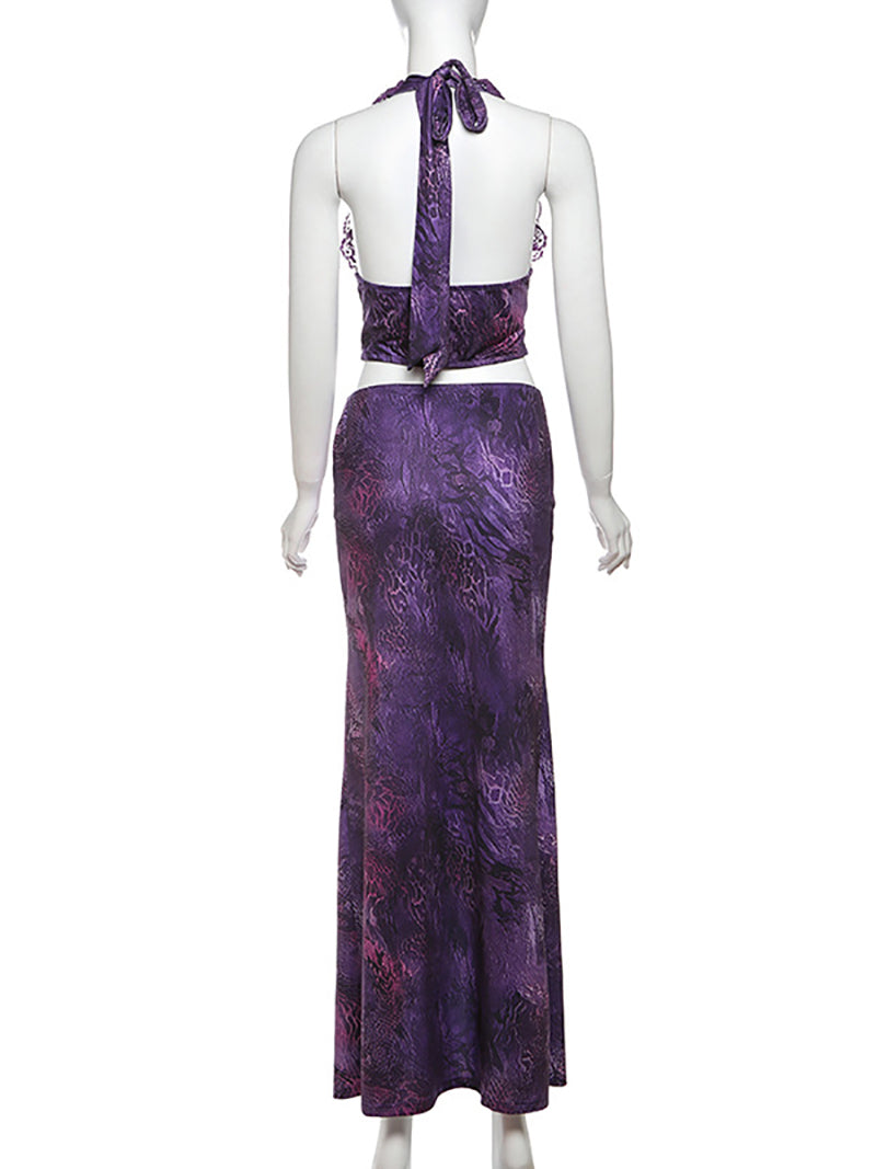 Sexy Print Hollow Out Backless Halter Maxi Dress