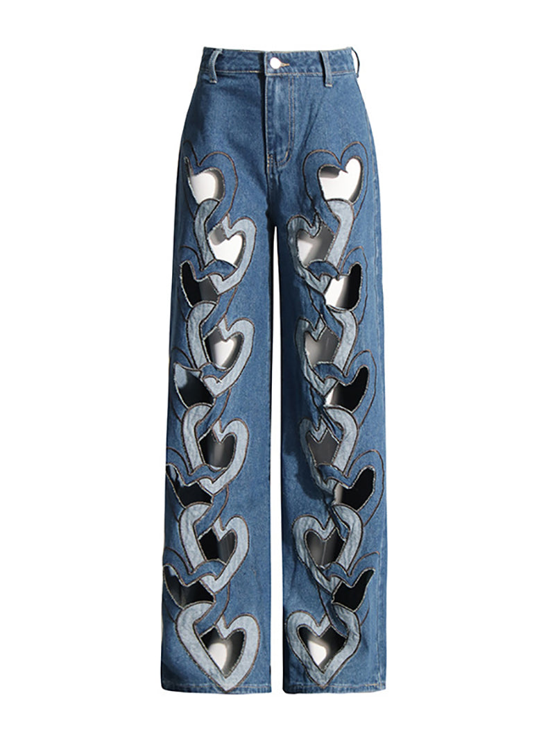 Hollow Out Heart Denim Pant Casual Jeans