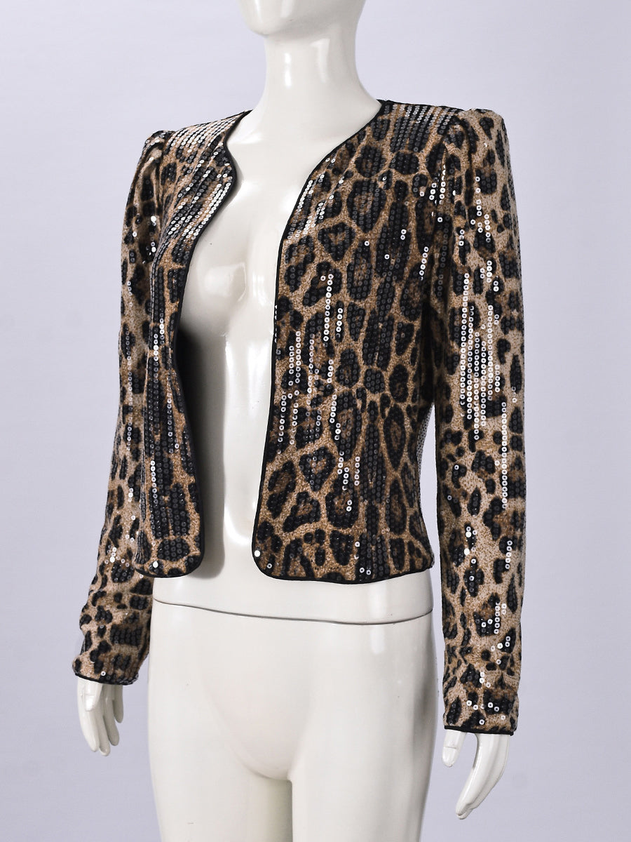 Elegant Leopard Print Sequin Cardigan Jacket