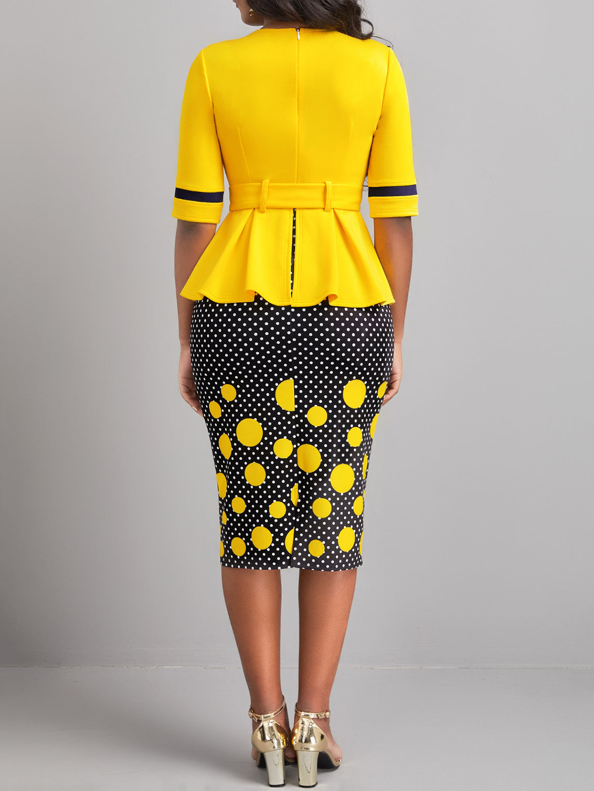 Polka Dot Patchwork Belted Bodycon Dress