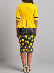 Polka Dot Patchwork Belted Bodycon Dress