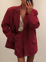 Fashion Loose Stripe Blazer Shorts Two Piece Sets