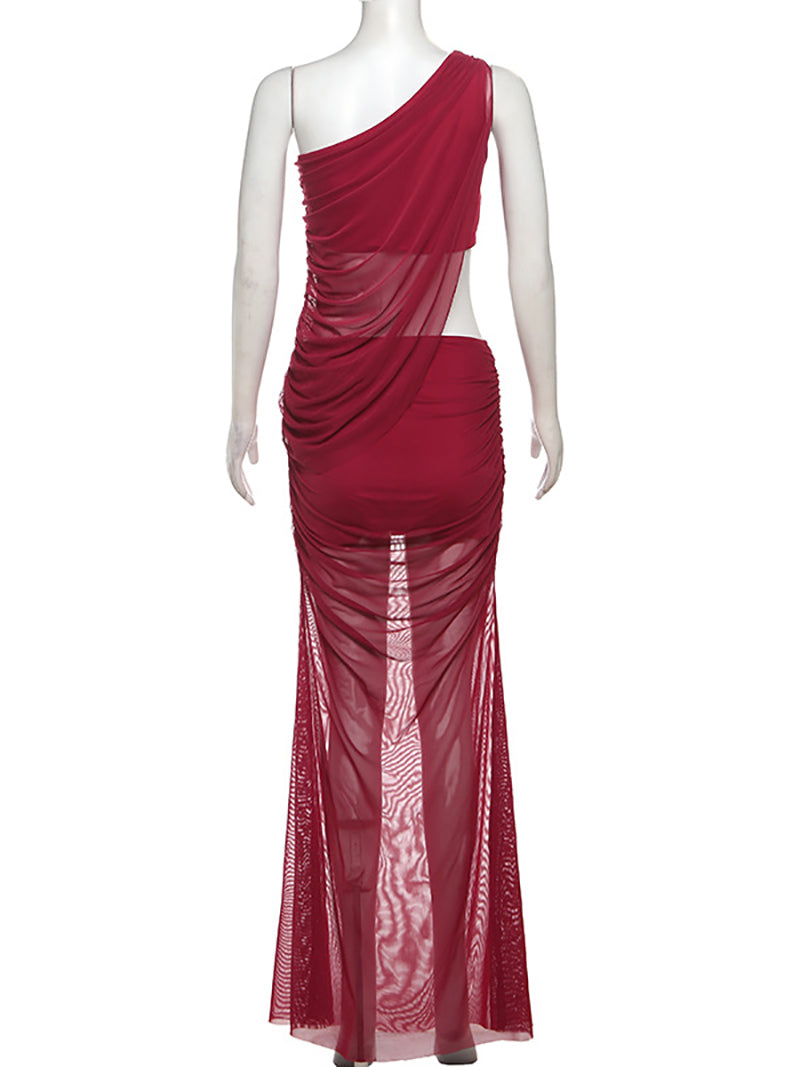 Sexy Sheer Mesh Skew Collar Crop Top Long Skirt Set