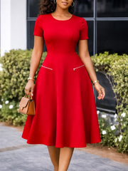 Elegant Round Neck Short Sleeve Slim Midi Dress