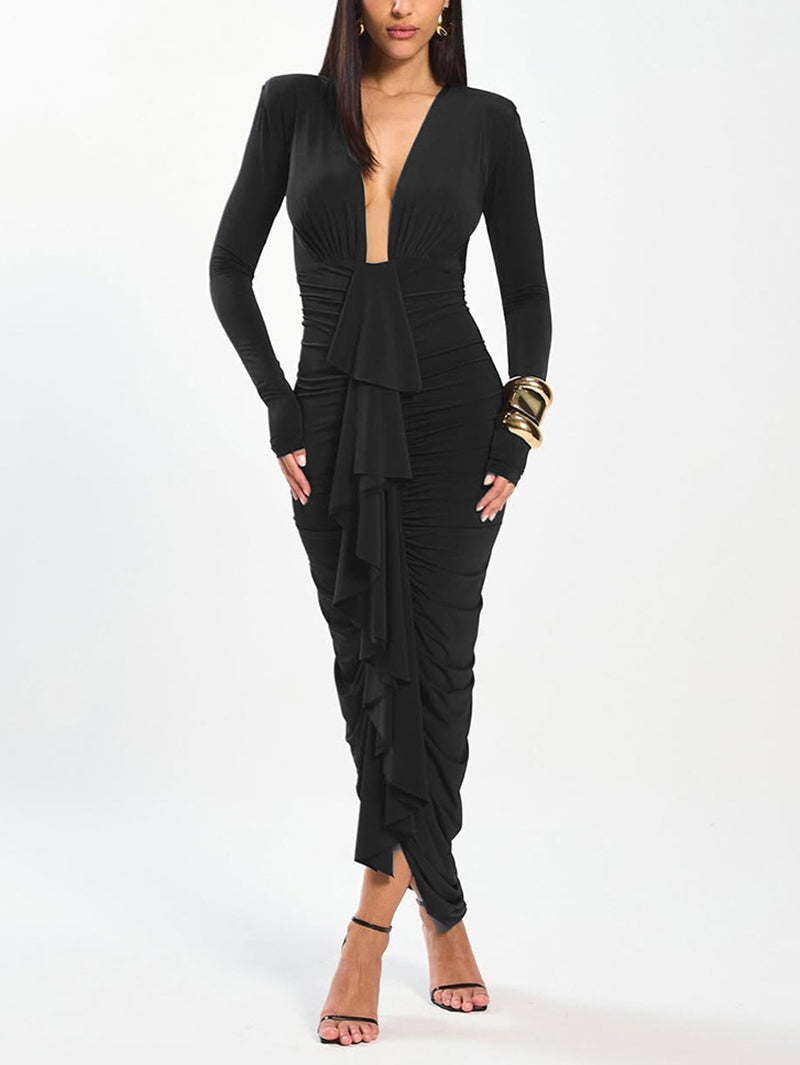 Sexy Deep V Neck Bodycon Ruffle Pleated Maxi Dress