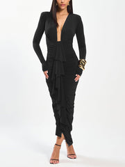 Sexy Deep V Neck Bodycon Ruffle Pleated Maxi Dress