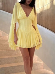 V Neck Corset Waist Cape Sleeve Mini Dress