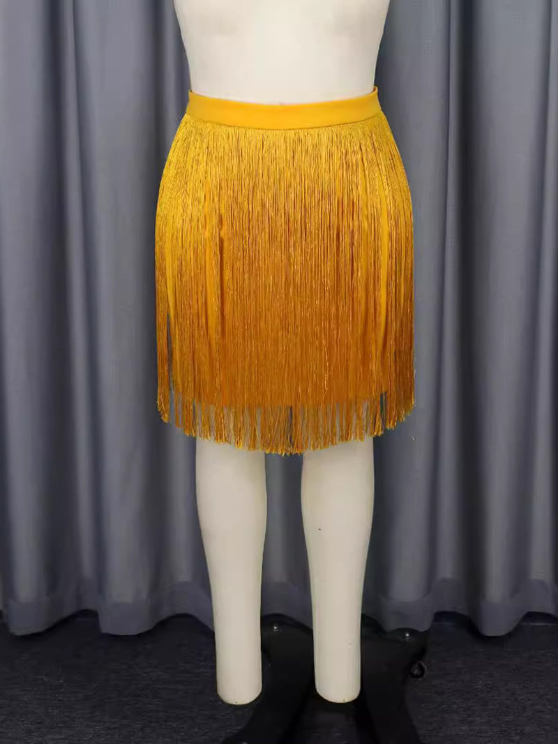 Plus Size Slight Stretch Tassels High-Waist Mini Skirt