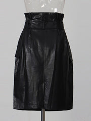 Belted Leather Look Pocket Pencil Skirt-boutique