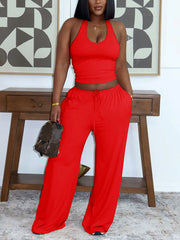Halter Crop Top And High Waist Wide Leg Pants Sports Set