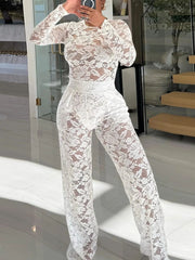 Lace O Neck Long Sleeve Blouse Straight Leg Pant Set