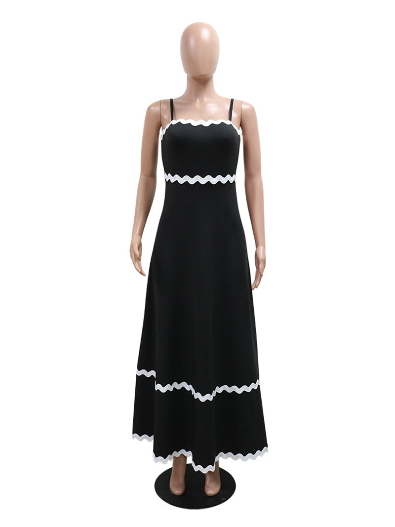 Spaghetti Straps Wave Ribbon Patchwork Maxi Dress