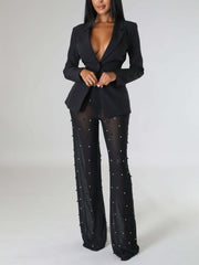 Fashion Blazer And Sheer pearled Pant Set