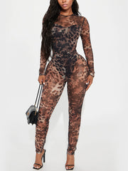 Sexy Leopard Print Sheer Mesh Tight Jumpsuit
