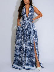 Elegant Print Cinched Waist Bohemian Slit Dress