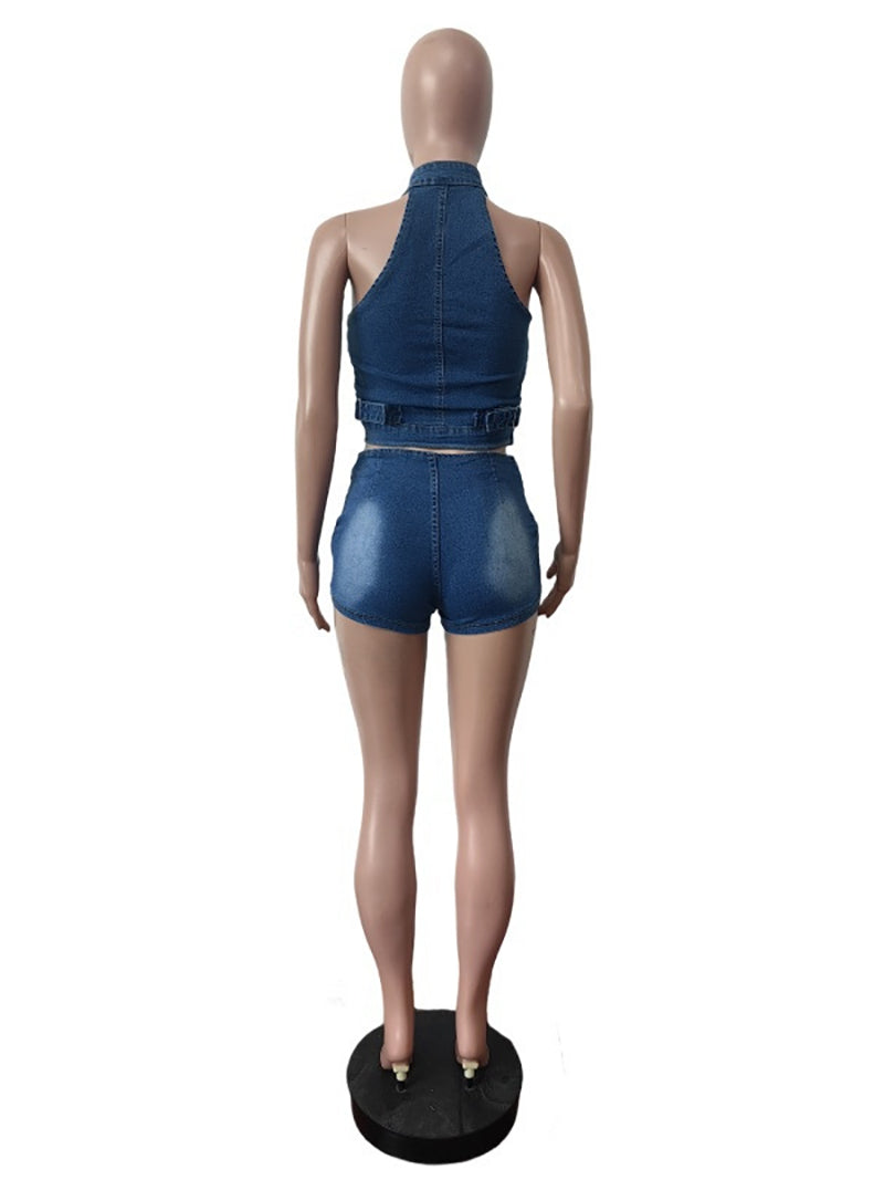 Sexy Zipper Sleeveless Denim Vest and Shorts Sets
