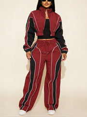 Color Block Zip Top and Straight Pants Set