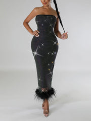 Sexy Rhinestone Feather Strapless Bodycon Dress