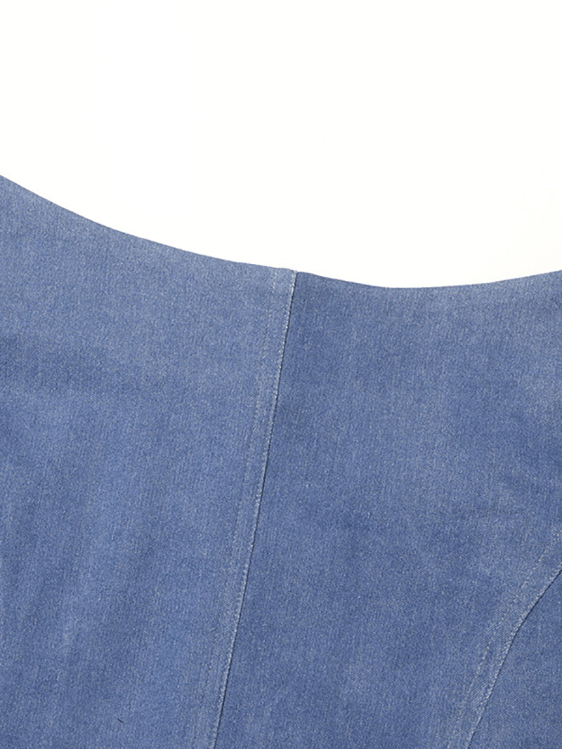 Fashion Denim Patchwork Hollow Top And Skirt Sets