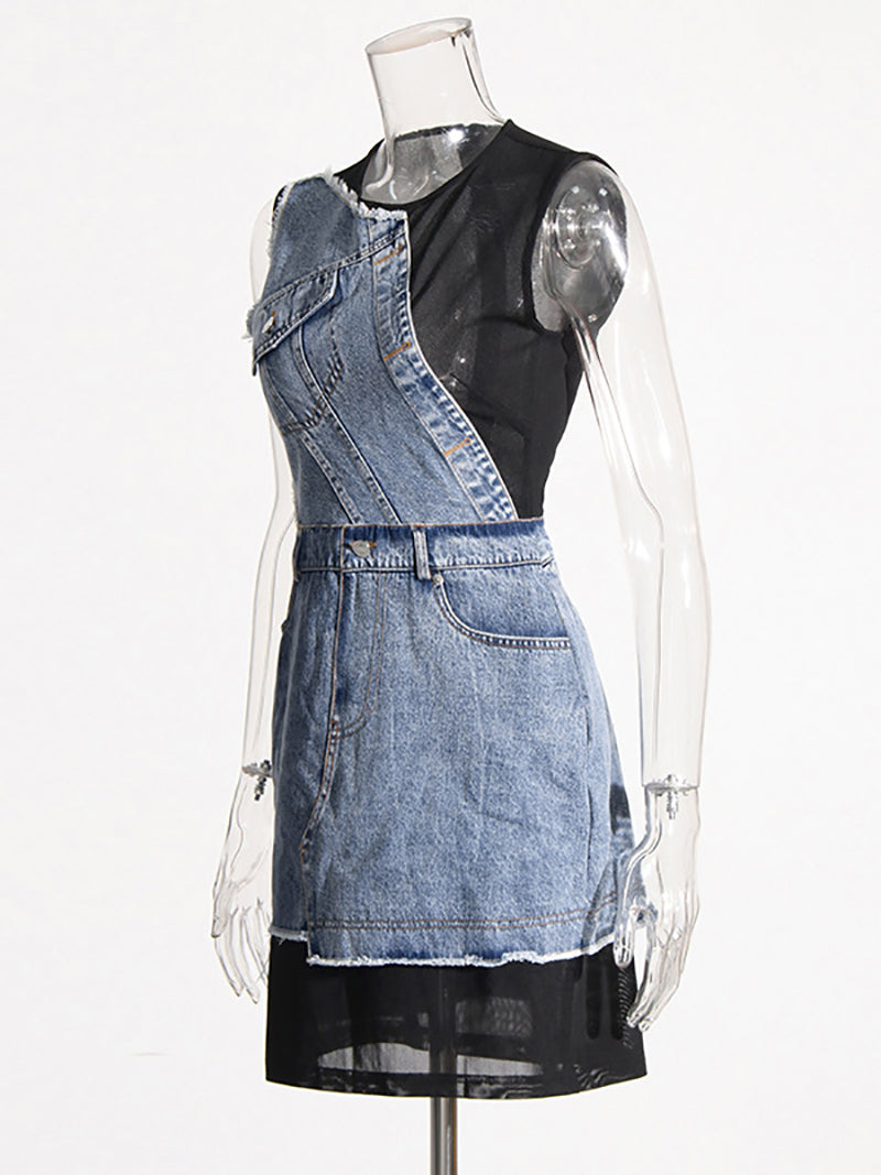 Fashion Denim Patchwork Mesh Package hip Dress