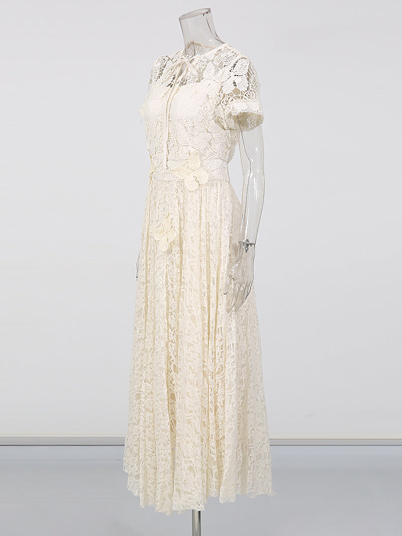 Elegant Bowknot Neck Short Sleeve Embroider Maxi Dress