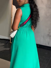 Lapel Sleeveless High Waist Cardigan Midi Dress