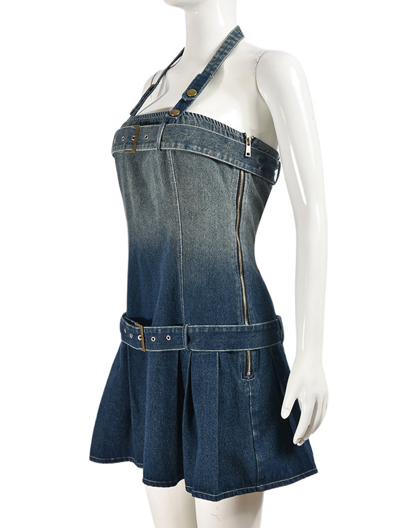 Denim Wash Halter Zipper Belt Gradient Sexy Trend Dress