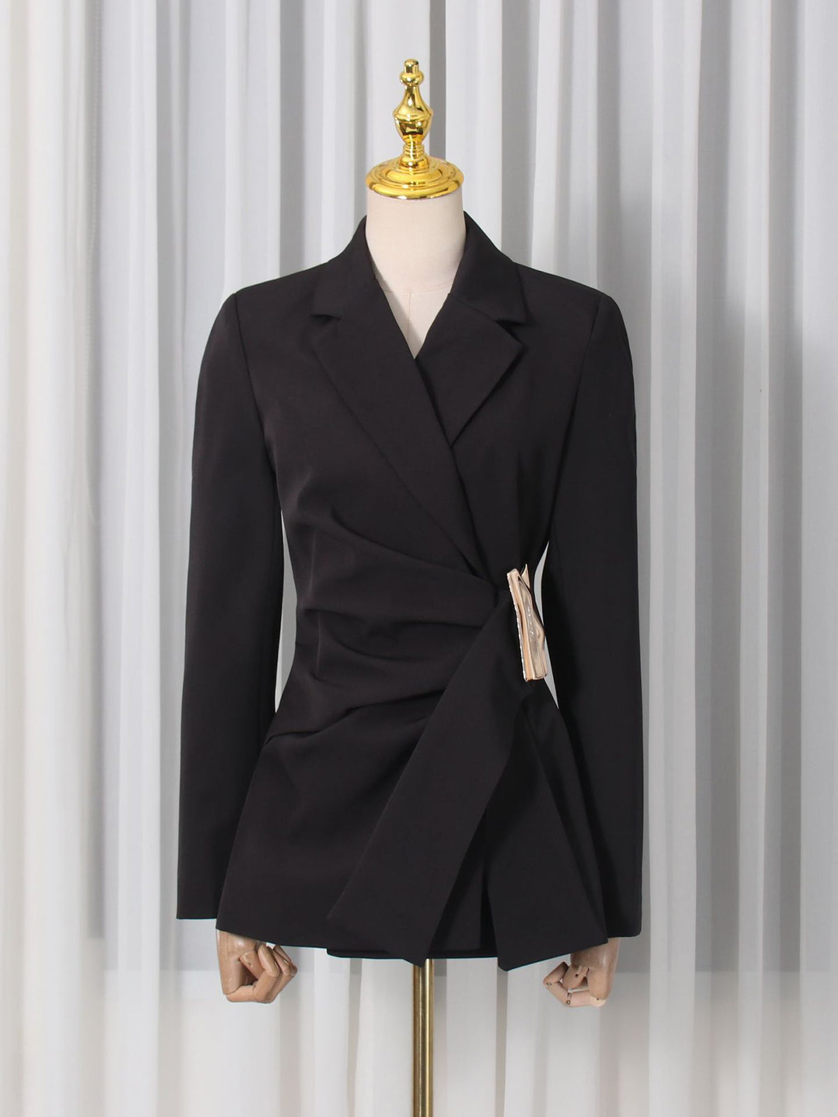 Notched Lapel Metallic Decor Ruched Asymmetrical Blazer