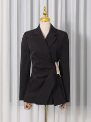 Notched Lapel Metallic Decor Ruched Asymmetrical Blazer