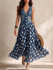 Polka Dot Denim Maxi Dress