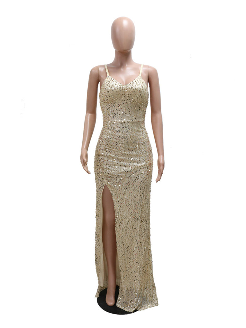 Spaghetti Strap Sequin Split Maxi Dress