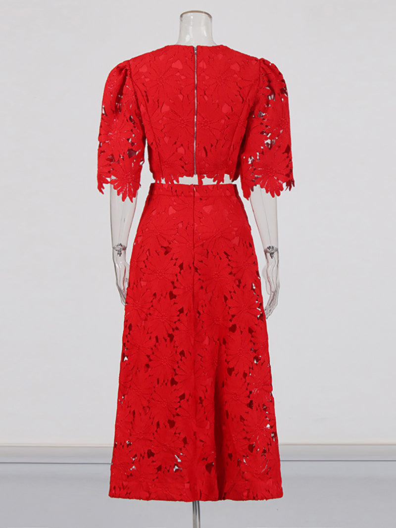Elegant Embroidered Hollow Long Skirt Two Piece Sets
