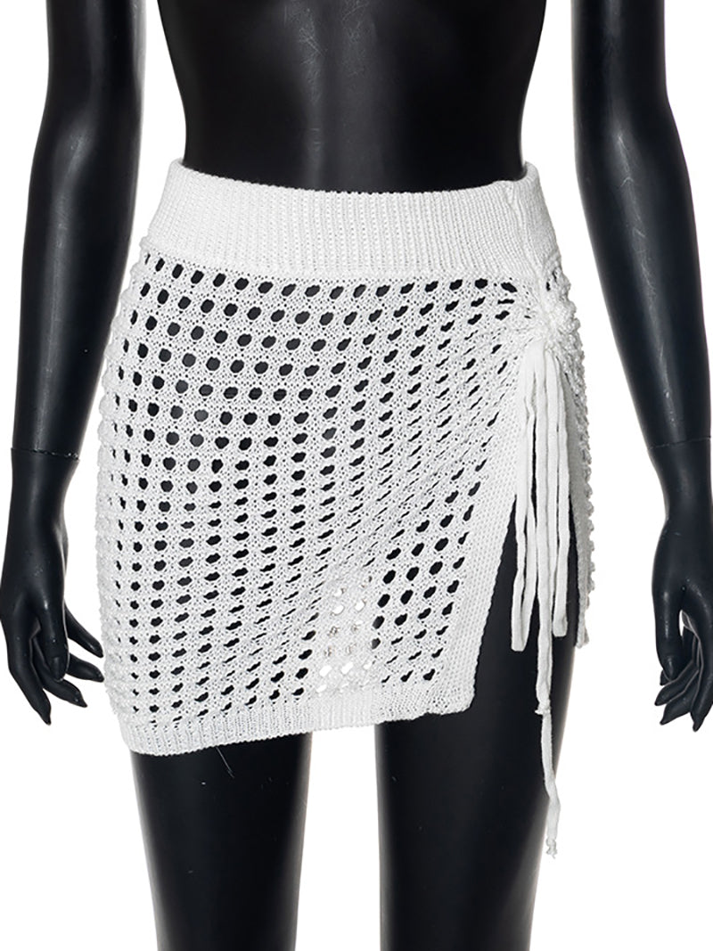 Sexy Hollow out Knit Drawstring Short Skirt