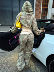 Camo Print Hooded Cropped Jacket Sweatpants Set
