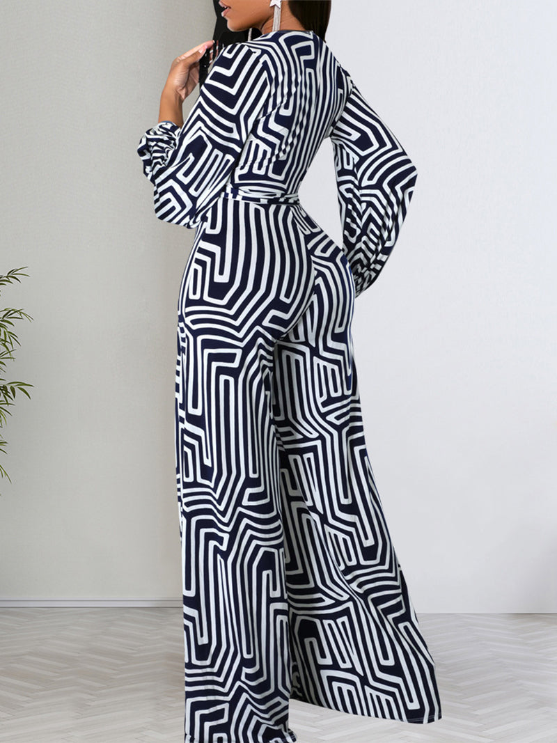 Sexy Printed Sleeve V-Neck Wrap Jumpsuit