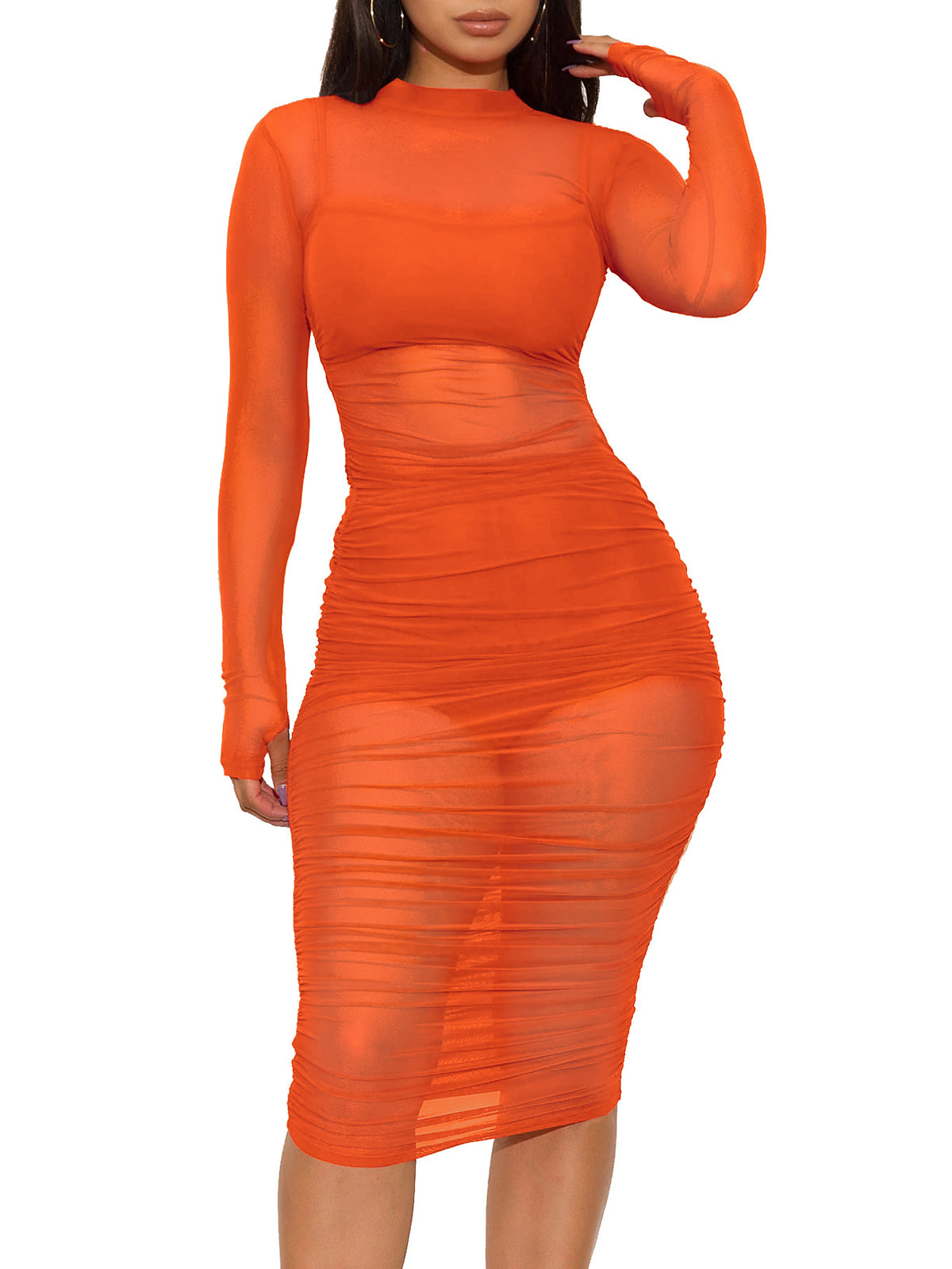 Sexy Sheer Mesh Ruched Bodycon Dress 3 Piece Sets