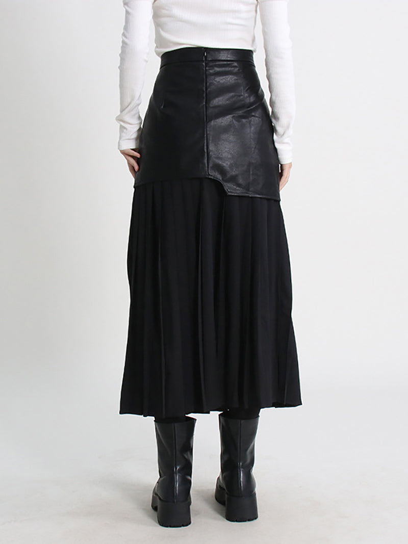 High Waist Pu Leather Patchwork Mesh Pleated Skirt