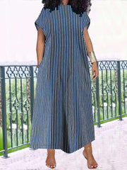 Casual Round Neck Striped Oversized Loose Denim Dress