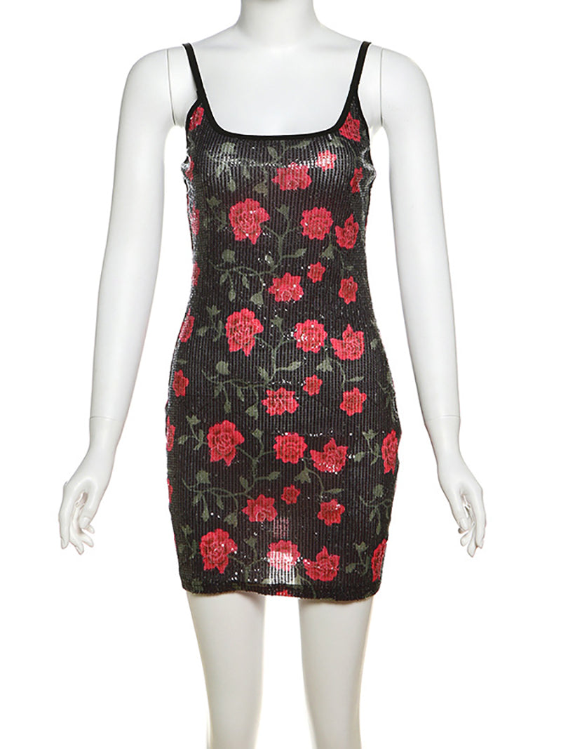 Sexy Rose Print Sequin  Suspender Mini Dress