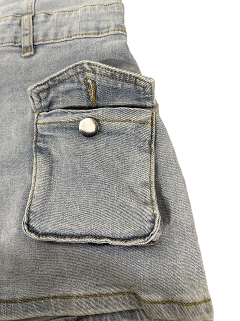 Strapless Denim Tube Top Cargo Jumpsuit