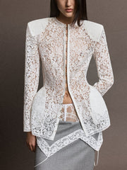 Sheer Lace Hook Front Fitted Top-boutique